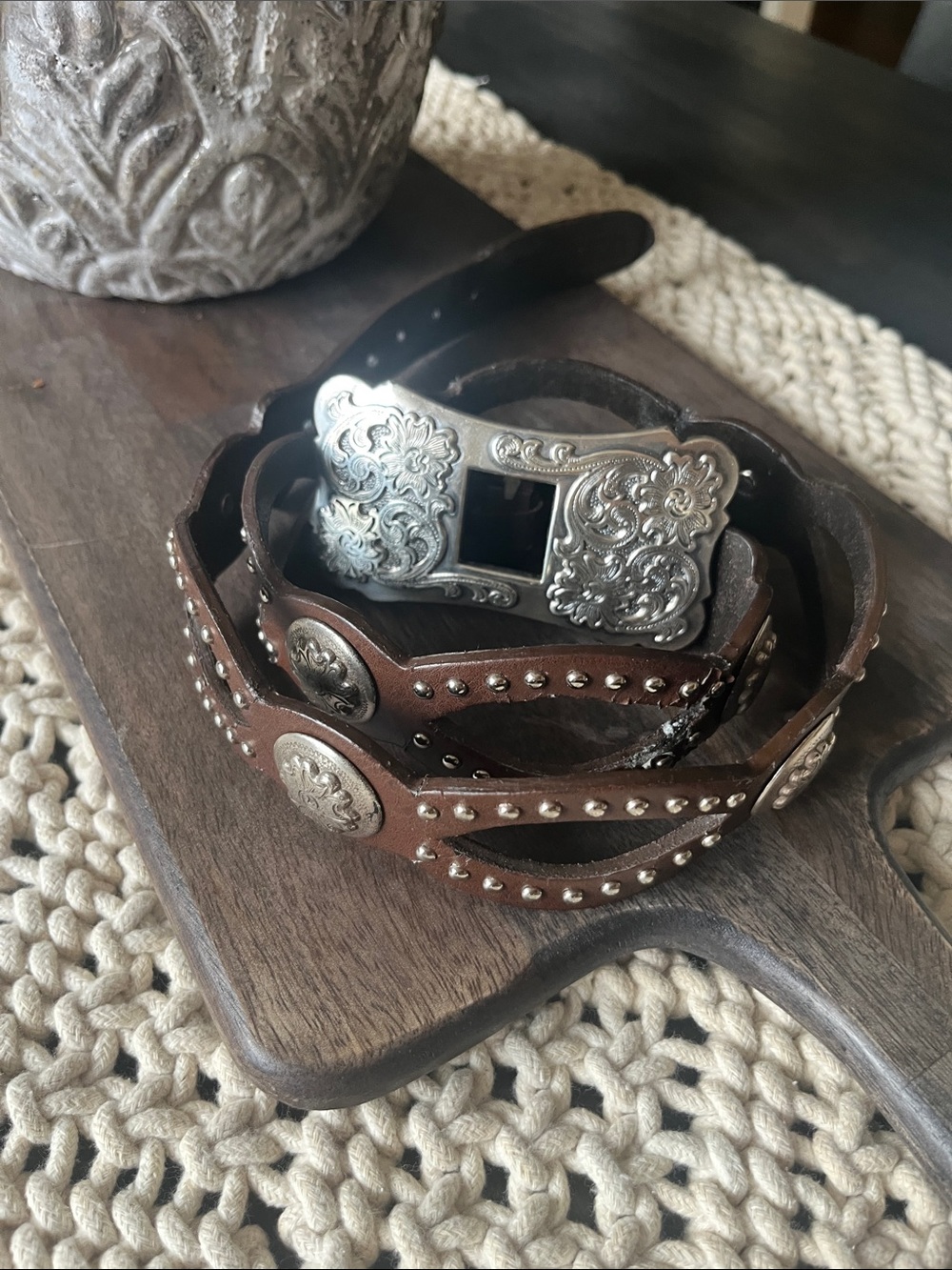 Brown Leather Western Belt with Ornate Silver Buckle